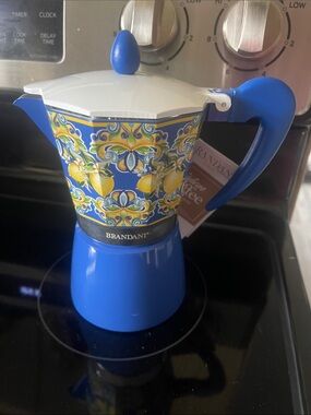 Italian Blue Decorative Stovetop Espresso Maker with Lemon Pattern